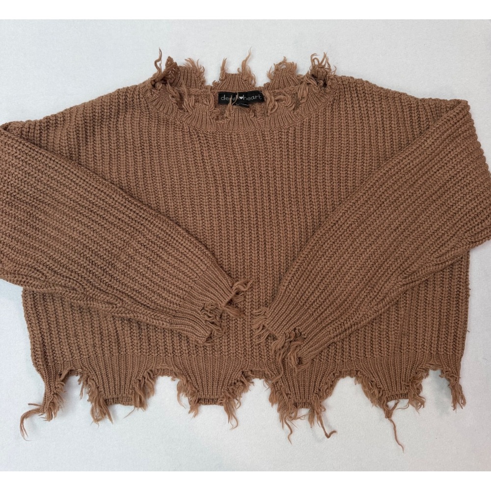 Derek Heart Distressed Ribbed Knit Cropped Sweater Brown Small Edgy Boho Top